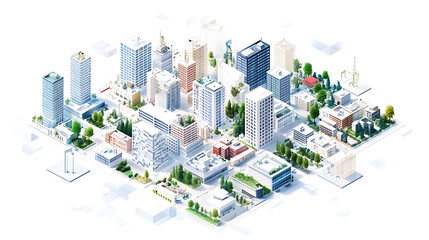 Poster - Isometric cityscapes, conceptual mapping, white background, geometric diagram showing various surfaces of european landscape with transparent layers atlas of cities and residential neighborhoods