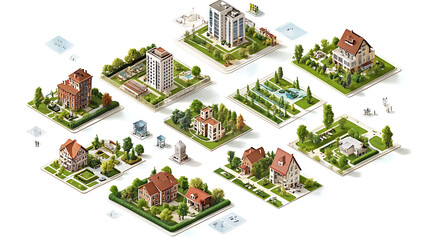 Poster - Isometric cityscapes, conceptual mapping, white background, geometric diagram showing various surfaces of european landscape with transparent layers atlas of cities and residential neighborhoods