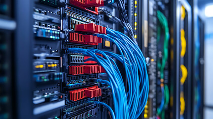 Leinwandbilder - Large group of utp cables, ethernet cables in rack cabinet, utp cables from a patch panel in the server rack in the data center room