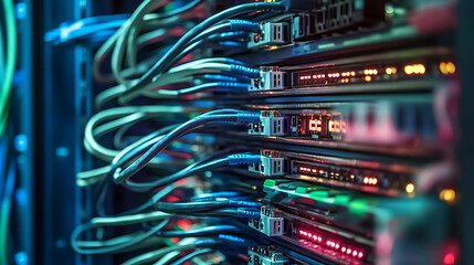 Aufkleber - Large group of utp cables, ethernet cables in rack cabinet, utp cables from a patch panel in the server rack in the data center room