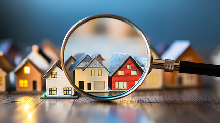 Poster - Magnifying glass with a set of model houses under it