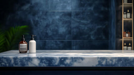 Wall Mural - Modern bathroom interior in dark blue color, empty marble table top for product display with blurred bathroom interior background