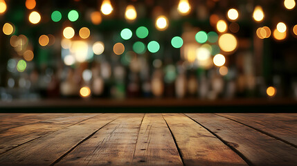 Aufkleber - Mpty wooden tabletop, against a blurred bar background with green bokeh lights, st, patrick's day