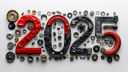 Poster - Number 2025 composed of car parts elements on white background, happy new year concept