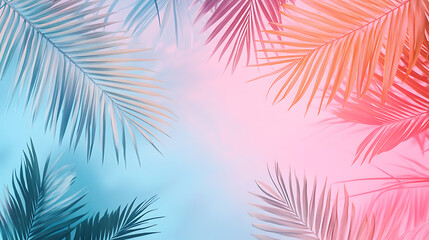 Poster - Palm leaves, summer background with gradient color, pastel blue and pink colors, tropical leaf pattern