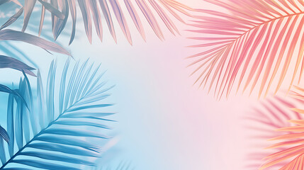 Poster - Palm leaves, summer background with gradient color, pastel blue and pink colors, tropical leaf pattern