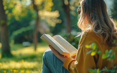 woman is reading a book outside in the park. slow living morning routine concept. slow cation, leisu