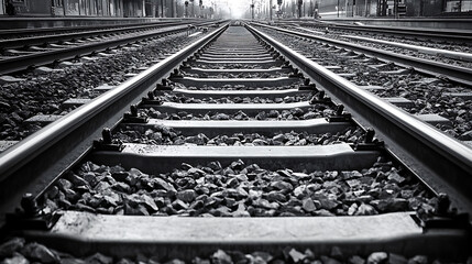 Poster - Railway tracks with switches and interchanges at a main line station in frankfurt main germany with geometrical structures, thresholds, gravel and screws, reflecting symmetrical rails black and white