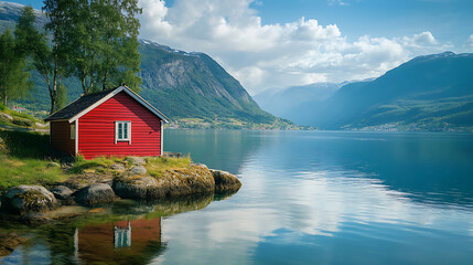 Poster - Red hut of norwegian culture and architecture by the lake in norway, lake house, amazing view of the lake