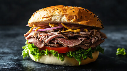 Poster - Roast beef sandwich with tomato, onion, lettuce and mustard sauce on dark background