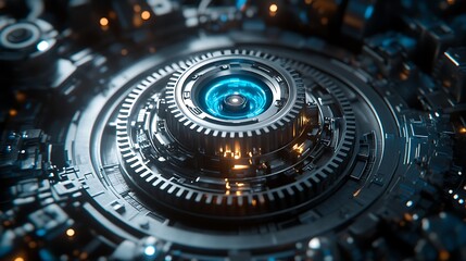 Poster - futuristic metallic gear mechanism with glowing blue core.