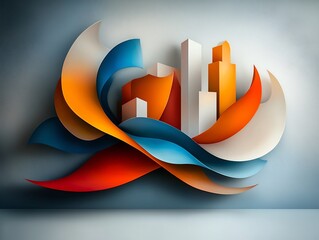 Poster - Mesmerizing holographic composition with a luminous iridescent foil finish featuring geometric forms in captivating motion ethereal glowing elements and a mesmerizing volumetric cityscape backdrop