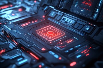 Poster - futuristic red and blue glowing technology circuit board.