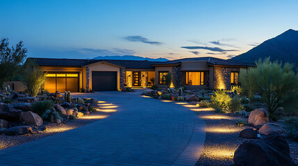 Poster - The driveway of an upscale home in arizona at dusk, with led lights illuminating the paved area leading to the front door