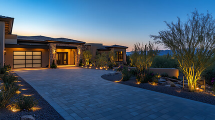 Poster - The driveway of an upscale home in arizona at dusk, with led lights illuminating the paved area leading to the front door