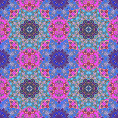 Wall Mural - Beautiful seamless pattern in blue and pink. Endless ornament with mandala flowers. Indian motifs.