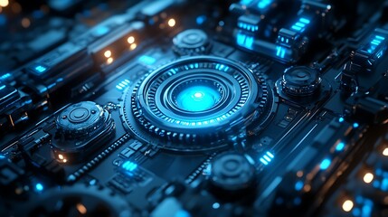 Poster - futuristic technology; glowing blue core.