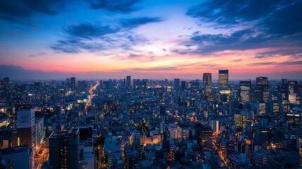 Wall Mural - Tokyo, japan, view of the greater tokyo region from above at dusk