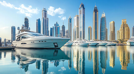 Aufkleber - View dubai marina skyscrapers and luxurious super yacht marina, united arab emirates