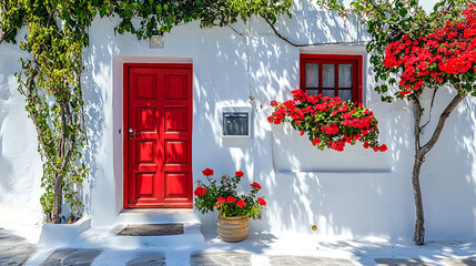 Poster - View of white street and flowers in bodrum city of turkey, aegean style colorful street, wall, house and flowers in santorini, white wall, red doors and flowers