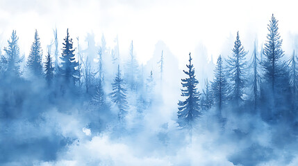 Poster - Winter time in nature watercolor forest in blue and grey