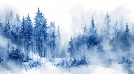 Poster - Winter time in nature watercolor forest in blue and grey