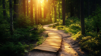 Aufkleber - Wooden path in a forest with sunlight
