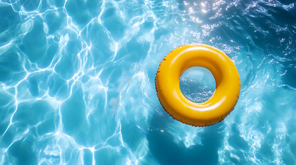 Fototapete - Yellow inflatable ring floating on blue water in swimming pool, top view, summer vacation concept