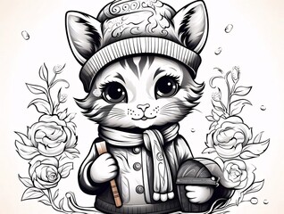 Wall Mural - Cute cat knitting winter hat, floral background, winter apparel design.