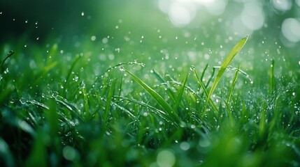 Wall Mural - Rain drops falling on lush green grass, backlit bokeh background, nature wallpaper