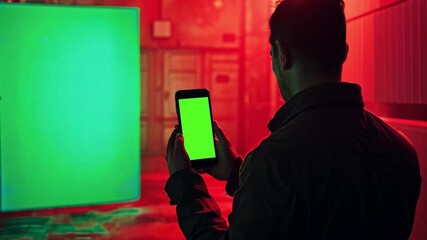 Poster - A creative individual stands before a green chromakey backdrop, holding a smartphone displaying a similar green screen.