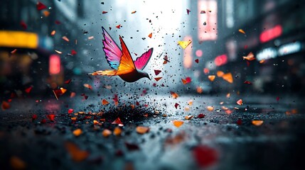 Poster - A mesmerizing and captivating digital artwork featuring a holographic butterfly in motion against a vibrant neon lit urban landscape  The image is characterized by a shimmering iridescent gradient