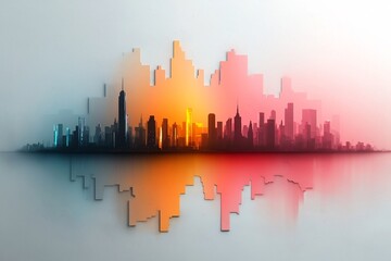 Poster - Hypnotic and visually captivating cityscape skyline with a mesmerizing iridescent gradient effect glistening holographic foil texture and dynamic color shifting prismatic illusion