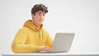 © Rock  - 3D cartoon, isometric view of a man sitting at a table with a laptop and working on it, wearing a yellow hoodie, against a white background