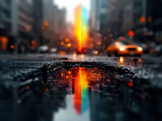 Poster - Captivating holographic cityscape with a vibrant spectrum of iridescent rainbow hues hypnotic light refractions and shimmering prismatic effects in a dynamic chromatic interplay