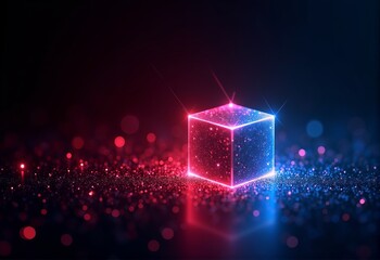 Poster - Neon Red and Blue Geometric Patterns on a Black Base with Glowing Particles and Light Effects
