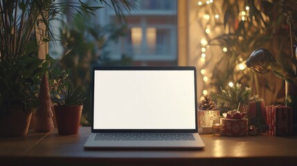 Laptop computer with white blank empty mock up screen on Merry Christmas table with presents gifts, decorated Xmas tree in Santa house background. Ecommerce website online shopping delivery ads.