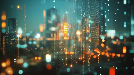 Poster - Creative glowing big data forex candlestick chart on blurry city background. Trade, technology, investment and analysis concept. Double exposure