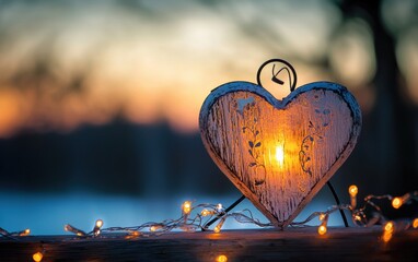 Canvas Print - A heart-shaped lantern glowing softly in the evening, surrounded by fairy lights for Saint Valentines Day