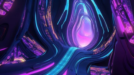Wall Mural - abstract neon tunnel with glowing purple and blue light streaks.
