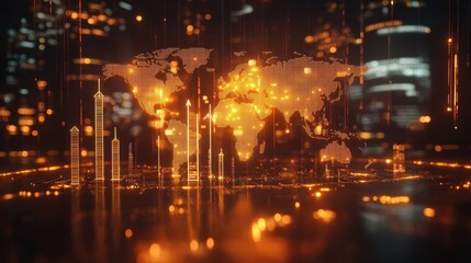 Poster - Digital world map with candlestick chart and arrows hologram. Business and trade concept. 3D Rendering