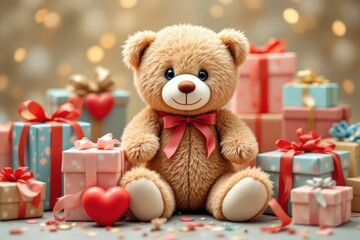  Adorable teddy bear with heart and wrapped gifts, festive mood, representing love and celebration, elegant background