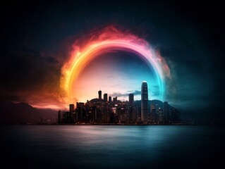 Aufkleber - mesmerizing prismatic holographic cityscape with ethereal kaleidoscopic swirls and glowing skyline d