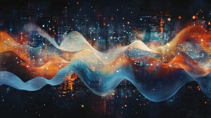 Poster - creative digital wave with interface on blurry night city background. technology, future and protect