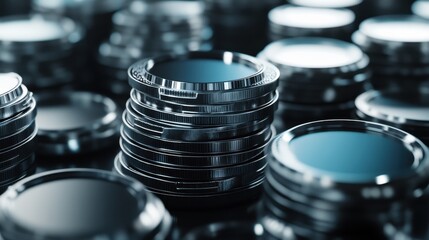 Poster - Sylver coin piles in form chart and marketing analysis interface. Business and financial success concept. 3D Rendering