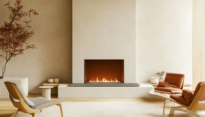 Wall Mural - Modern living room with burning fireplace creating cozy ambiance