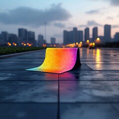 Poster - Intricate and mesmerizing iridescent holographic fractal design with glistening metallic accents captivating visual complexity and a glowing urban skyline at dusk