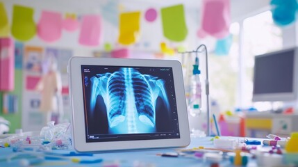 Poster - A tablet shows a detailed x-ray image of a patient's lungs surrounded by colorful decorations in a children's hospital. It captures a warm, playful atmosphere while emphasizing medical care.