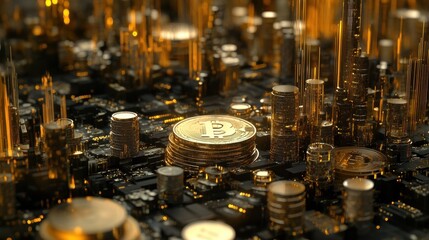 Poster - Sylver coin piles in form chart and marketing analysis interface. Business and financial success concept. 3D Rendering