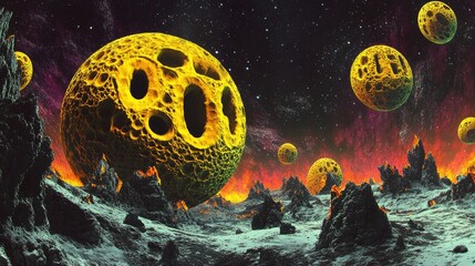 Wall Mural - Surreal Cosmic Landscape with Glowing Planets and Rocky Terrain